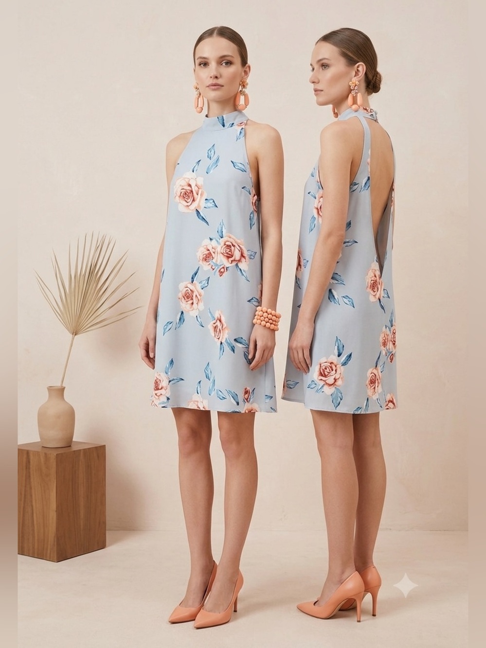 Show Me Your Mumu Dress Small Floral Halter Backless Mini Light Blue Peach Rose